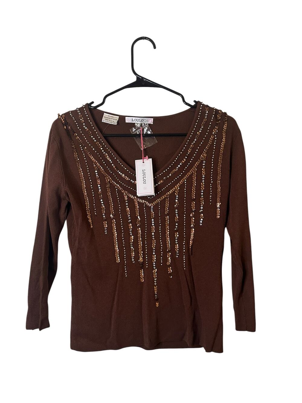 Lou Lou Brown Sequin Long Sleeve V-Neck Blouse Women Sz S